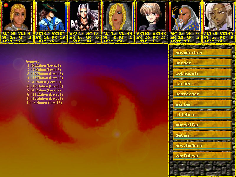 Der Vor-Kampf Bildschirm. Hier erscheint eine Liste aller Gegner, deren Level (vorerst) und Count, falls es eine Mini-Gruppe ist.